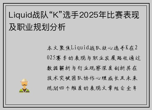 Liquid战队“K”选手2025年比赛表现及职业规划分析