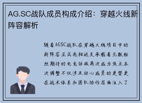 AG.SC战队成员构成介绍：穿越火线新阵容解析