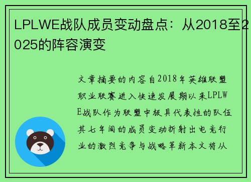 LPLWE战队成员变动盘点：从2018至2025的阵容演变