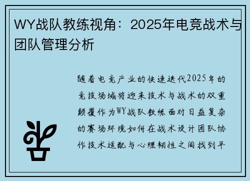 WY战队教练视角：2025年电竞战术与团队管理分析