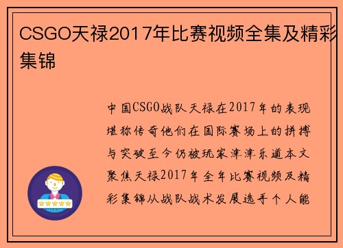 CSGO天禄2017年比赛视频全集及精彩集锦